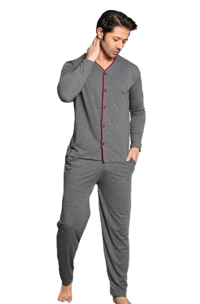 Norde Premium Penye İnterlok Kumaş Kışlık Önden Düğmeli Erkek Pijama Takımı M/2XL ürün görseli