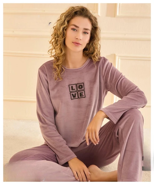 Mihra Kadın Kışlık Bisiklet Yaka Kadife Pijama Takımı 13166L - 1 Adet  L Lila ürün görseli 1
