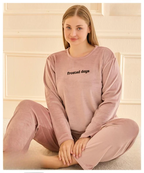 Mihra Kadın Kışlık Bisiklet Yaka Kadife Battal Pijama Takımı 132213P - 1 Adet  Pudra 5XL ürün görseli 1