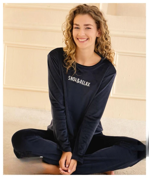 Mihra Kadın Kışlık Bisiklet Yaka Kadife Pijama Takımı 13164L - 1 Adet  XL Lacivert ürün görseli 1