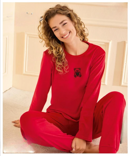 Mihra Kadın Kışlık Bisiklet Yaka Kadife Pijama Takımı 13165K - 1 Adet  L Kırmızı ürün görseli 1