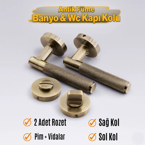 Wc Banyo Tipi Kapı Kolu Rozetli Antik Füme Sağ Sol Uygun Modern İç Kapı Kilitli 1 Takım - Resim 5