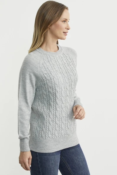 Motifli Daire Yaka Triko Kazak - Açık Gri - Resim 3