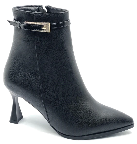 Feles Yanı İnce Taş Tokalı Klasik Sivri Burun Topuklu Kadın Bot - Resim 3