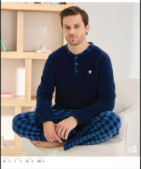 Pijamoni Erkek Düğme Yaka Kışlık Polar Pijama Takımı 6100/10,1 - 1 Adet  XL Lacivert ürün görseli 1