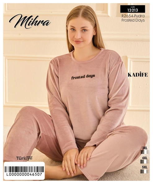 Mihra Kadın Kışlık Bisiklet Yaka Kadife Battal Pijama Takımı 132213P - 1 Adet  Pudra 5XL - Resim 2