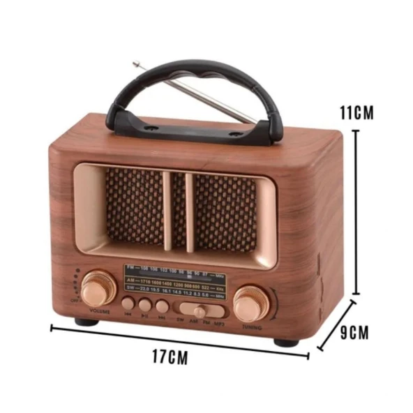 Küçük Mini Boy Retro Ahşap Tasarım Bluetooth Hoparlörlü Radyo – FM/AM Destekli, Şarjlı ve Taşınabilir Radyo NS-8108 (5314) - 5