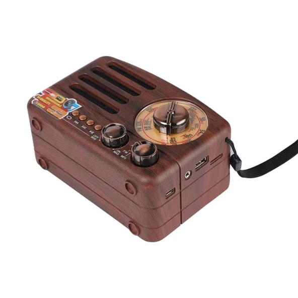 Küçük Boy Retro, Nostaljik, Ahşap Tasarım Bluetooth Hoparlörlü, Şarjlı, Taşınabilir Büyük Döndürülebilen Düğmeli FM/AM Destekli Radyo NS3380 (5314) - 3