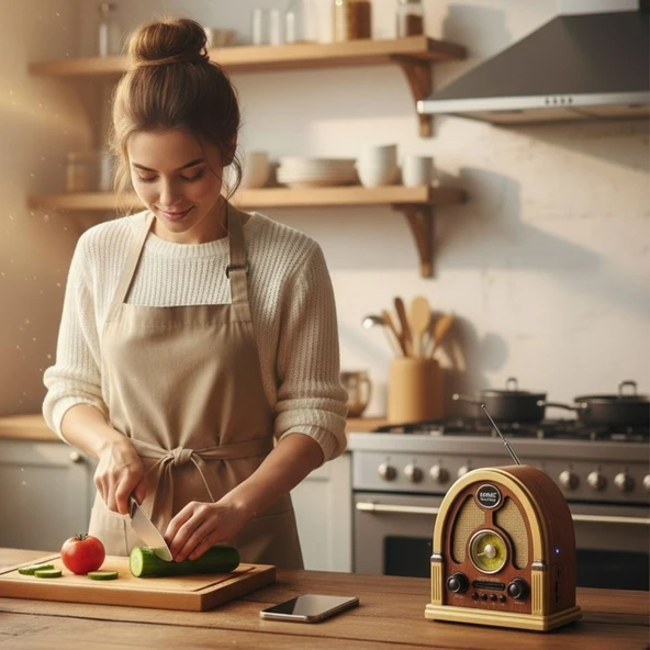 Orta Boy Kubbe Model Retro Ahşap Tasarım Bluetooth Hoparlörlü Radyo – FM/AM Destekli, Şarjlı ve Taşınabilir Radyo NS-7061 (5314) - 4