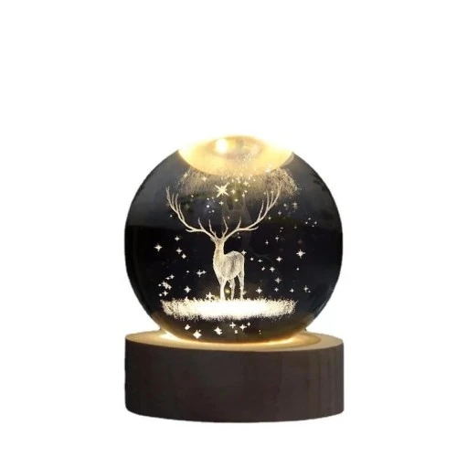 Dekoratif Geyik Tasarımlı Ahşap altlıklı Işıklı Cam Küre Büyük Boy Cam:8cm Ahşap:2cm ürün görseli 1