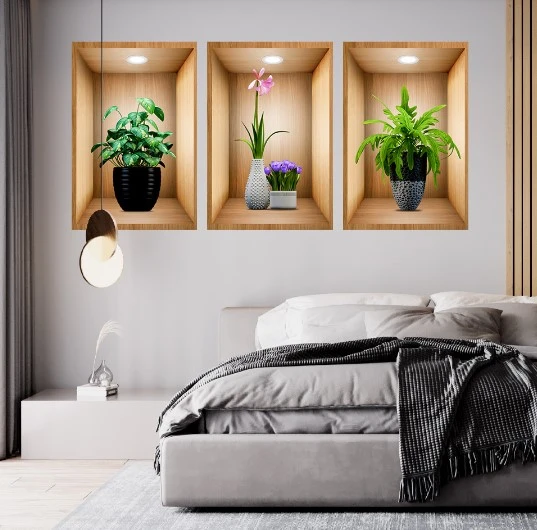 3D Çiçek Vazo Duvar Sticker 3 lü Set Kahverengi Fon (5314)