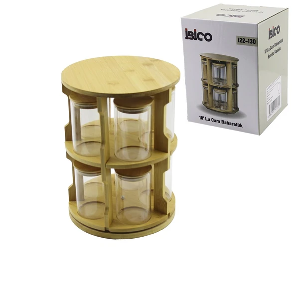 10 PCS YUVARLAK - DÖNER STANDLI CAM - BAMBU KAPAK TUZLUK - BAHARATLIK BAMBU STAND (5314)