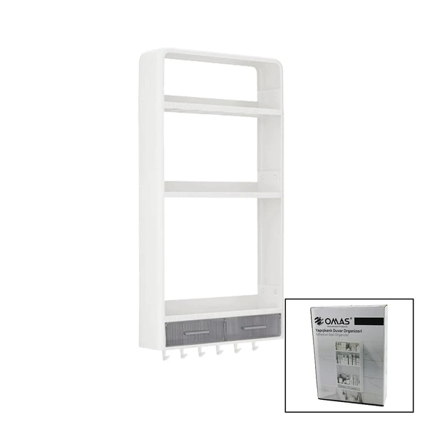 BEYAZ YAPIŞKANLI DUVAR ORGANİZERİ PLASTİK 3 RAF=14CM-19CM-30CM - 2 ÇEKMECE=40CM - 6 ASKI 19 PARÇA (5314)