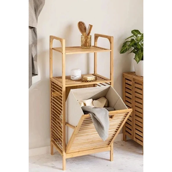 2 Organizer Raflı Ahşap Bambu Çek-Aç Kirli Sepeti ürün görseli 1