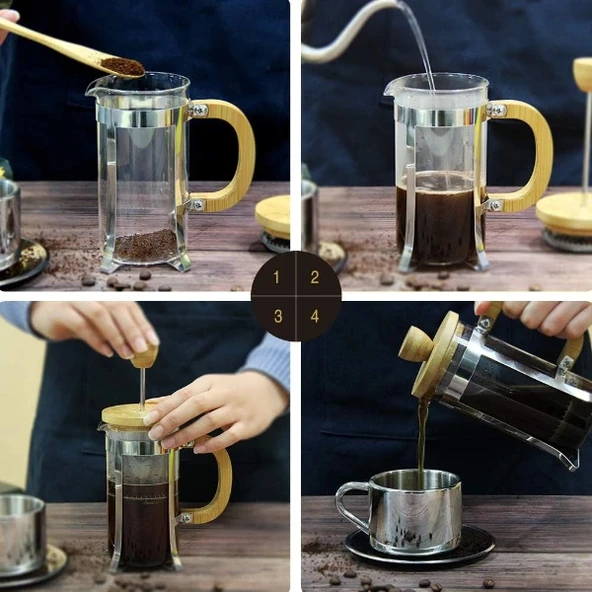 Ahşap Detaylı 600 ml Cam French Press - Resim 2