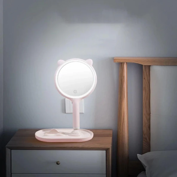 Kedi Kulaklı Telefon Standlı Yuvarlak Dokunmatik Led Ayarlı Masa Üstü Makyaj Aynası (5314) - 2