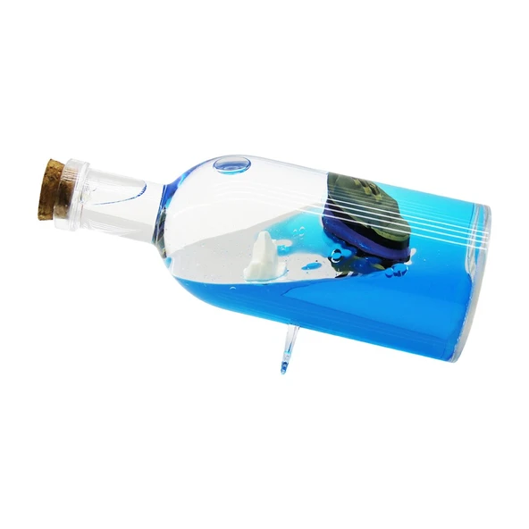 MAVİ SU - ADALI  YUVARLAK MİKA ŞİŞE=YAN DURUŞ AYAKLI YÜZEN BATMAYAN GEMİ DEKORATİF BİBLO AKVARYUM 6X16CM (5314)