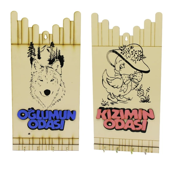KIZ - ERKEK ÇOCUK FİGÜRLÜ (OĞLUMUN-KIZIMIN ODASI YAZILI AHŞAP ANAHTARLIK (5314)