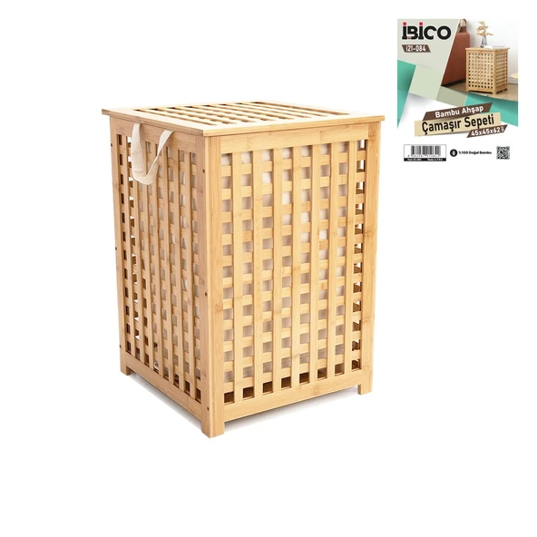 AHŞAP BAMBU KİRLİ ÇAMAŞIR SEPET KUMAŞ ÇANTALI  SEPET=45X45X62CM (5314)