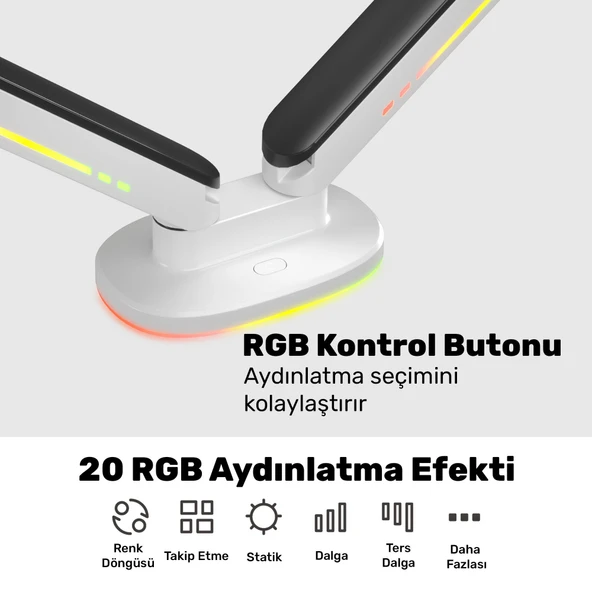 NPO STD54024HLW Elysium 27"-35" Amortisörlü RGB Profesyonel Gaming VESA Çift Kol Monitör Tutucu - Resim 4