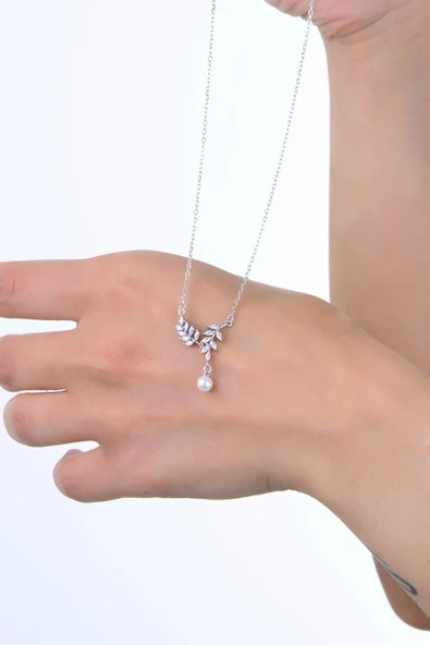 Gümüş rodyumlu zirkon taşlı doğanın dokunuşu incili yaprak kolye SGTL12963RODAJ - Resim 2