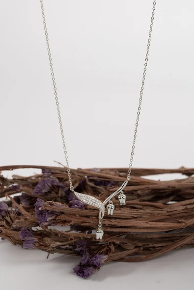 925 Ayar gümüş rodyumlu zirkon taşlı sarkan laleler tomurcuk kolye SGTL13092RODAJ - Resim 3