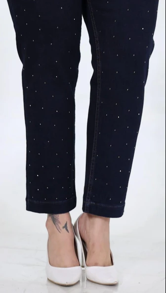 IŞŞIL 540-Büyük Beden Taşlı Bilek Boy Esnek Kot Pantolon - 5