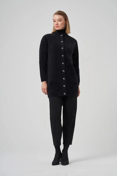 Nuss 7007 Yan Nakış İşlemeli Hırka - Siyah