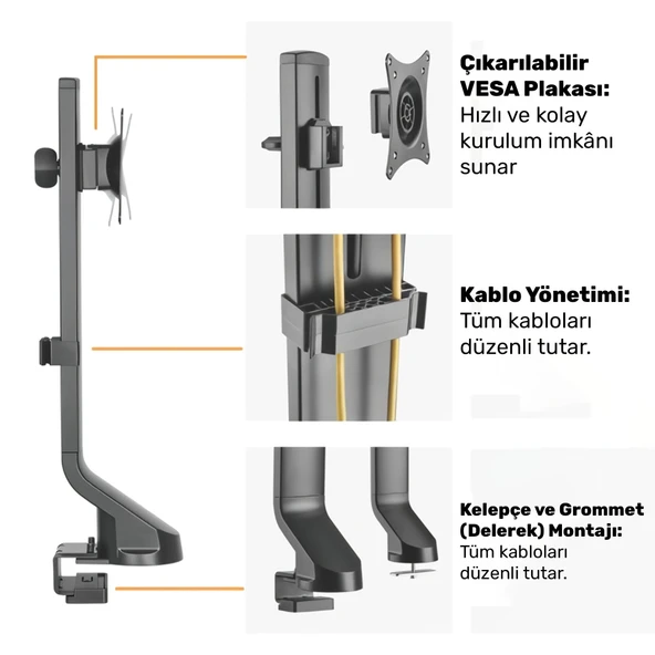 NPO STD2101B 17"-32" VESA Uyumlu 180° Yükseklik Ayarlı Kablo Yönetimli Tekli Monitör Standı - Resim 5