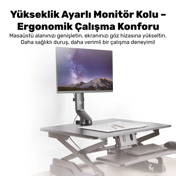 NPO STD2101B 17"-32" VESA Uyumlu 180° Yükseklik Ayarlı Kablo Yönetimli Tekli Monitör Standı - Resim 4