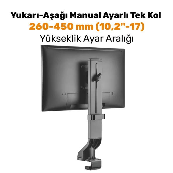NPO STD2101B 17"-32" VESA Uyumlu 180° Yükseklik Ayarlı Kablo Yönetimli Tekli Monitör Standı - Resim 2