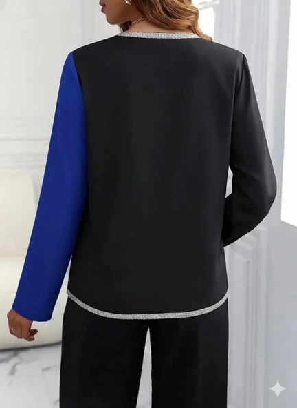 MDB Kadın Uzun Kollu V Yakalı Pul Payet Işlemeli Ithal Krep Bluz - Resim 4