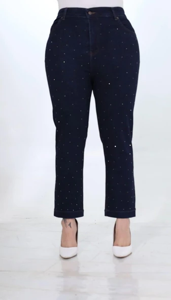 IŞŞIL 540-Büyük Beden Taşlı Bilek Boy Esnek Kot Pantolon - 6