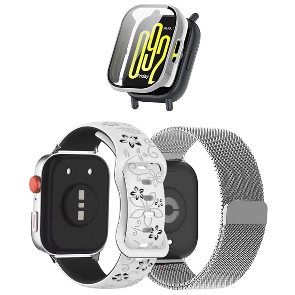 3'lü Kordon Koruma Seti Redmi Watch 5 Lite Uyumlu Metal Hasır,Çiçek Desenli Silikon ve Kasa Koruyucu  MDL6 ürün görseli