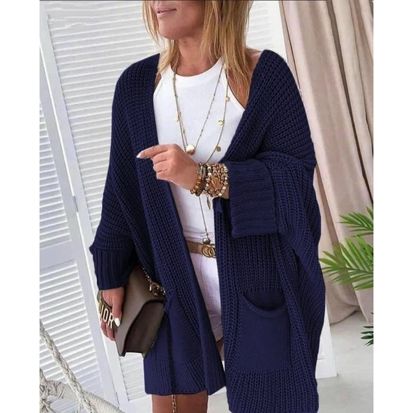 Lucky Life Oversize Kalıp Cepli Salaş Triko Hırka Laci - Resim 4