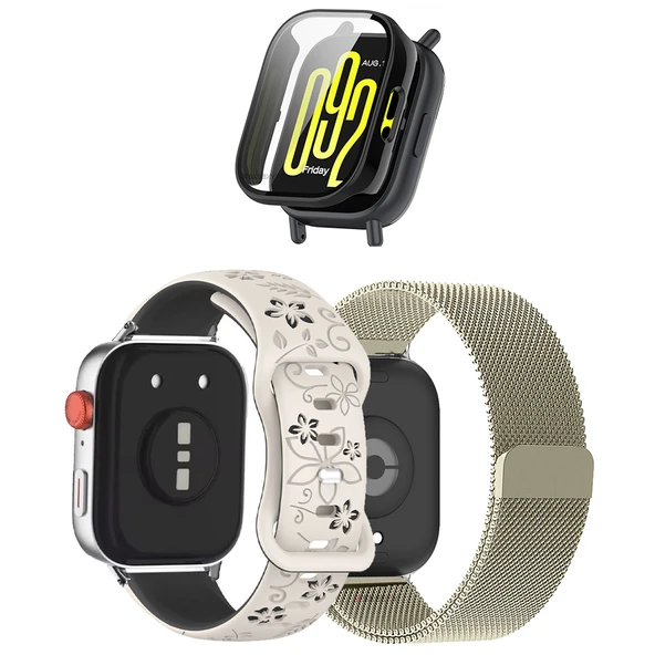 3'lü Kordon Koruma Seti Redmi Watch 5 Lite Uyumlu Metal Hasır,Çiçek Desenli Silikon ve Kasa Koruyucu  MDL13 ürün görseli
