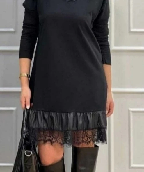 MDB Kadın Uzun Kollu Bisiklet Yaka Etek Ucu Deri Dantelli Viskon Iki Iplik Midi Elbise - Resim 3