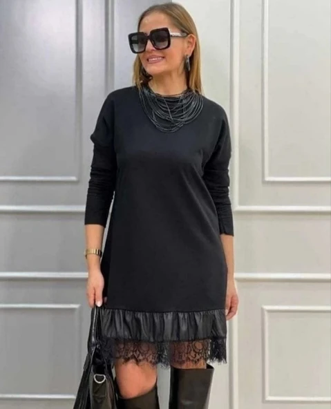 MDB Kadın Uzun Kollu Bisiklet Yaka Etek Ucu Deri Dantelli Viskon Iki Iplik Midi Elbise ürün görseli 1