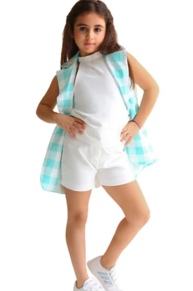 Kız Çocuk Halter Yaka Ekose Baskılı Düğme Detaylı Su Yeşili Şortlu Takım ürün görseli