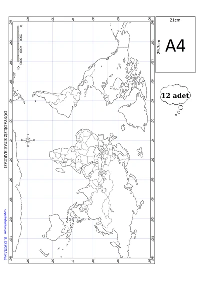 a4 boy  dilsiz dünya siyasi haritası renksiz 12 adet ürün görseli 1