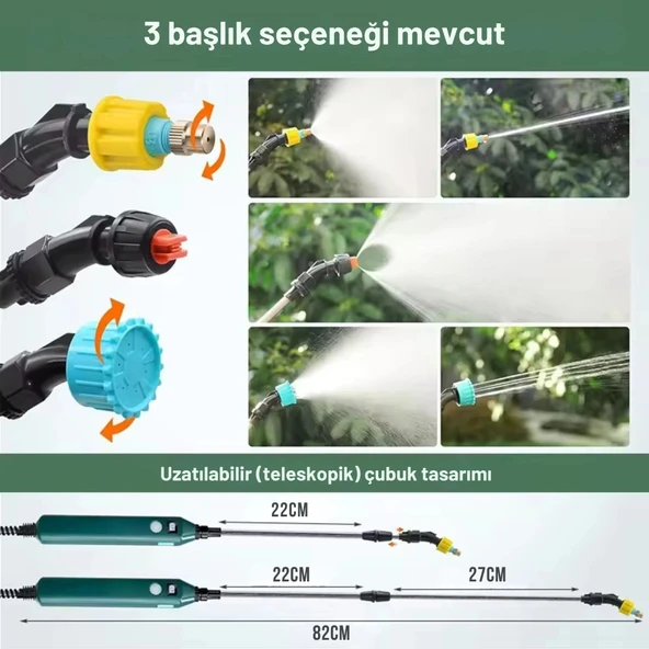 ShopyTech 2400 mAh Şarjlı Sulama Tabancası3 Başlık Teleskopik Çubuk 5 m Emiş Hortumu Type-C - Resim 6