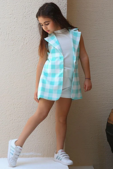 Kız Çocuk Halter Yaka Ekose Baskılı Düğme Detaylı Su Yeşili Şortlu Takım - Resim 3