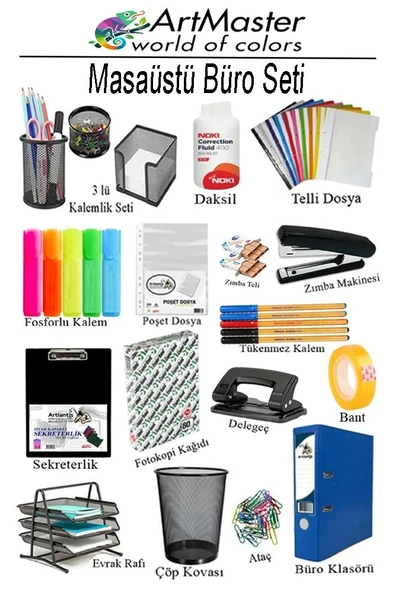 Masaüstü Büro Seti Metal Siyah 16 Parça Kalemlik Evrak Rafı 3 Lü Delgeç Zımba Makinesi Notluk Çöp Kovası Ataç