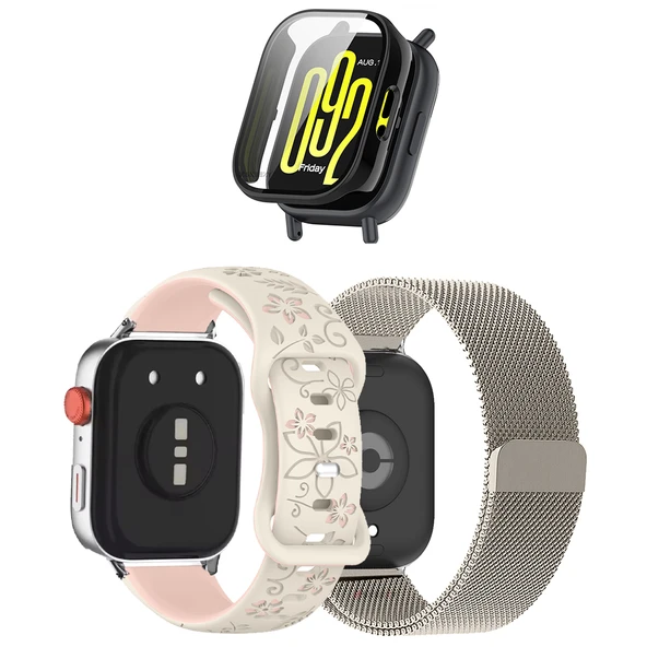 3'lü Kordon Koruma Seti Redmi Watch 5 Lite Uyumlu Metal Hasır,Çiçek Desenli Silikon ve Kasa Koruyucu  MDL14 ürün görseli