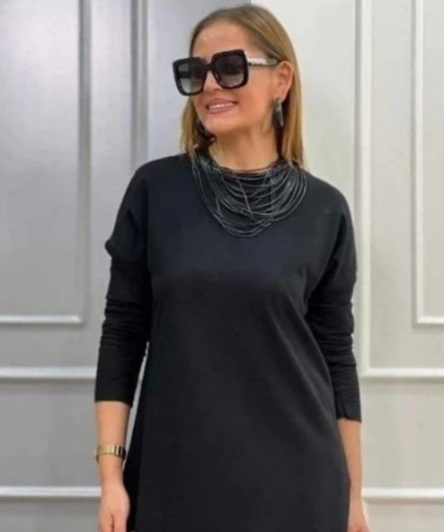 MDB Kadın Uzun Kollu Bisiklet Yaka Etek Ucu Deri Dantelli Viskon Iki Iplik Midi Elbise - Resim 2