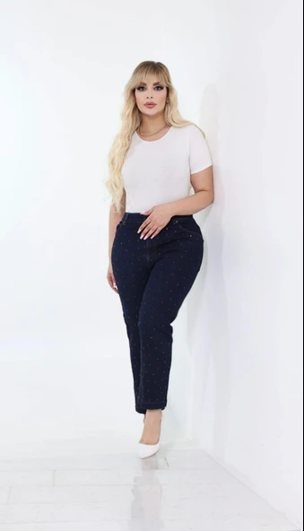 IŞŞIL 540-Büyük Beden Taşlı Bilek Boy Esnek Kot Pantolon - 2