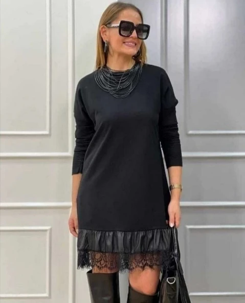 MDB Kadın Uzun Kollu Bisiklet Yaka Etek Ucu Deri Dantelli Viskon Iki Iplik Midi Elbise - Resim 4