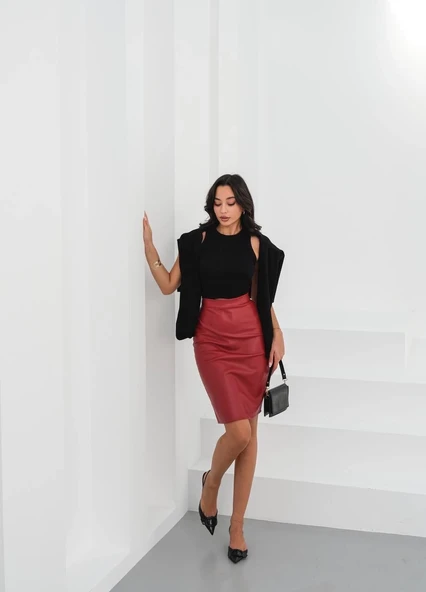 Midi boy deri kalem etek bordo h26780 - Resim 8