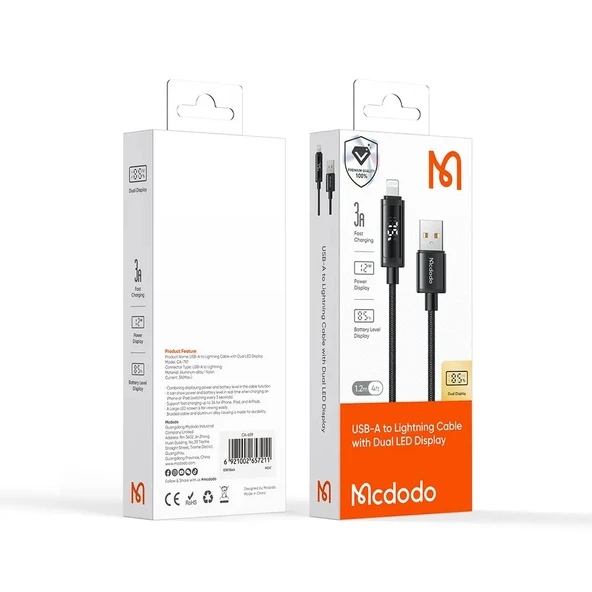 Mcdodo CA-7970 Usb iPhone 3A Led Ekranlı Data Şarj Kablosu 1.2M - Siyah - Resim 4
