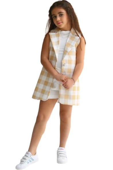 Kız Çocuk Halter Yaka Ekose Baskılı Düğme Detaylı Hardal Şortlu Takım ürün görseli